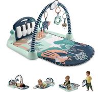 Fisher-Price Gimnasio-piano pataditas Alfombra de juego para bebés con juguetes musicales y sensoriales para recién nacidos y niños pequeños, azul marino y beige, JMN75