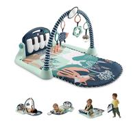 Fisher-Price Gimnasio-piano pataditas Alfombra de juego para bebés con juguetes musicales y sensoriales para recién nacidos y niños pequeños, azul marino y beige, JMN75