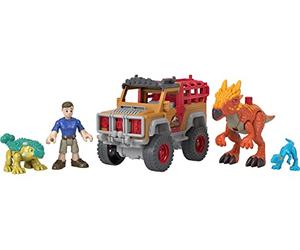 Fisher-Price Imaginext Jurassic World Dinosaurios fugitivos Muñeco con 3 Dinosaurios y Coche de Juguete, Regalo para niños y niñas +3 años (Mattel HCR94)