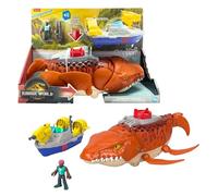 Fisher-Price Imaginext Jurassic World El Renacer, Mosasaurio persecución y mordiscos acuáticos Dinosaurio de juguete de 45 cm con figura de acción de 7,6 cm, lanzador, lancha y 2 proyectiles, JFR23