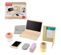 Fisher-Price Juego de madera para teletrabajar Conjunto de juguete de oficina con 9 piezas, como teléfono y ordenador portátil de madera, juguete de preescolar para juego de imitación, HXV11