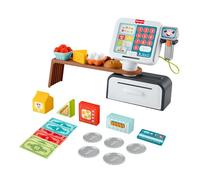 Fisher-Price Laugh & Learn Juguete de aprendizaje para niñas y niños pequeños Caja registradora para contar y comprar, tienda de juguete con 20 piezas, versión multilingüe, a partir de 2 años, JGX00