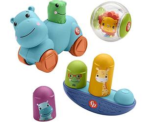 Fisher-Price Movimientos Kit de juego con bola león, cochecito hipopótamo y balancín de animales, juguete para bebés +9 meses (Mattel HFJ94)