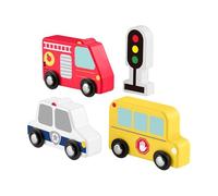 Fisher-Price Pack de vehículos de madera Conjunto de juego de cuatro piezas de madera con camión de bomberos, autobús escolar y coche de policía, juguetes para niños y niñas a partir de 2 años, JCY32