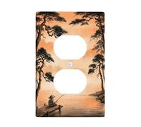 Fisherman - Placa de pared dúplex para pared, diseño tradicional de pinos naturales, agua, otoño, naranja, plástico, tamaño estándar, doble toma de corriente, para sala de estar, dormitorio