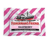 Fisherman's Friend Raspberry - Caja de cartón con 24 bolsas de 25 g, sabor frambuesa y mentol, sin azúcar para aliento fresco
