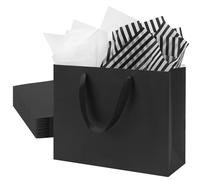 FISHLONO Bolsas de regalo negras con asas, bolsas de regalo medianas y grandes de 12.6 x 4.5 x 10 pulgadas con papel de seda, bolsas de papel kraft negro para bodas, compras, fiestas, cumpleaños,