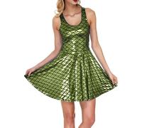 Fishscale Vestido para mujer, falda plisada, estampado de sirena, minivestido sin mangas, metálico, corto, vestido de fiesta para discoteca, fiesta, carnaval, brillante, O Verde Claro, 3XL