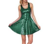 Fishscale Vestido para mujer, falda plisada, estampado de sirena, minivestido sin mangas, metálico, corto, vestido de fiesta para discoteca, fiesta, carnaval, brillante, O Verde Oscuro, XXL