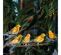 FISHTEC Cadena de Luces Solares para Pájaros Decoración con 5 Pájaros Luminosos, Color Blanco con Clips de Fijación Transparente y Extraíble, Pájaros Decorativos para Exterior, Cable de Alimentación