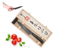 Fishtec - Cuchillo japonés de cocina Pretty - Hoja de damasco de acero 58 HRC - Mango de madera ergonómico - Corte preciso de frutas y verduras - Elegante caja de madera para almacenamiento o