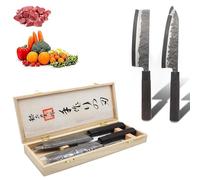 FISHTEC Juego de 2 Cuchillos Japoneses Nakiri y Santoku - Hoja de Acero Forjado 58 HRC - Mango de Madera de Palisandro Africano - Caja de Regalo Protectora - Martillado Artesanal