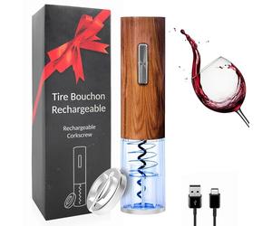 FISHTEC Juego de sacacorchos eléctrico recargable, iluminación LED azul, corte en cápsula, apertura automática, base de almacenamiento, caja de regalo con apariencia de madera