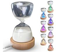 FISHTEC - Reloj de arena brillante de 15 minutos - Reloj de arena decorativo de 7 colores y 3 modos - Cristal orgánico - Base de madera - Recargable con USB, botón táctil, juegos, cocina, actividades