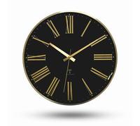 Fishtec - Reloj de pared con números romanos - Reloj radiopilado - Cristal abombado - Movimiento silencioso - Grandes números - Fondo negro - Marco, números y agujas doradas - Ø 30,5 x 5 cm