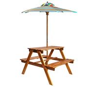 Fisinber Mini mesa de picnic de madera, 79 x 90 x 60 cm, con sombrilla | Conjunto de asientos de madera resistente con protección solar para jardín y terraza, compuesto por una mesa y dos bancos.