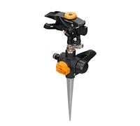 Fiskars Aspersor pulsante con piquete para suelo, Con válvula On/Off, Tamaño universal, Alcance Ø 26 m, Negro/Naranja, 1027029