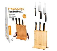 FISKARS Bloque de bambú para cuchillos de diseño con 3 cuchillos, Functional Form, Incluye Cuchillo para verduras, Cuchillo de chef Santoku y Cuchillo de cocina, Bambú, plástico, 1057553