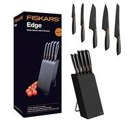 Fiskars Bloque de cuchillos con 5 cuchillos, Ancho: 15,5 cm, Alto: 37 cm, Madera de abedul, Negro, Edge, 1003099