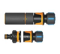 Fiskars Boquilla de manguera: kit básico, SoftGrip, Con boquilla de manguera, conector de grifo múltiple y conectores de manguera, Ø 1,3-1,5 cm (1/2-5/8''), Negro/Naranja/Azul, 1027091