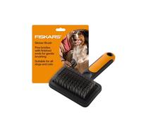Fiskars Cepillo Slicker para mascotas, cepillo para perros y gatos, cerdas finas y mango suave para un cuidado suave, 16,5 cm, naranja/negro