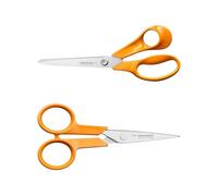 Fiskars Classic 1082398 - Juego de tijeras universales de 21 cm + tijeras de mano de 13 cm, acero inoxidable de calidad, mangos ergonómicos, cuchillas de precisión para tela, papel y costura fina