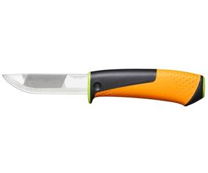 Fiskars Cuchillo de alta resistencia, Incluye funda con afilador, 21,9 cm | Con afilador de cuchillos integrado, longitud total: 21,9 cm, negro/naranja/verde, 1023620