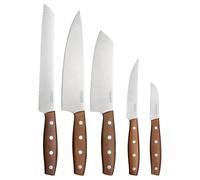 Fiskars Folken Set de cuchillos, 5 Piezas, Cuchillo de cocinero, Cuchillo santoku, Cuchillo para pan, Cuchillo tomatero y Cuchillo pelador, Hojas de acero inox, Mangos de madera de arce FSC, 1075688