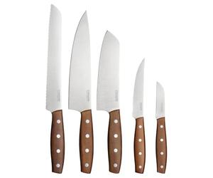 Fiskars Folken Set de cuchillos, 5 Piezas, Cuchillo de cocinero, Cuchillo santoku, Cuchillo para pan, Cuchillo tomatero y Cuchillo pelador, Hojas de acero inox, Mangos de madera de arce FSC, 1075688