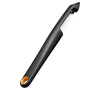 Fiskars Functional Form Pelador con cuchilla móvil, Pelador universal para frutas y verduras, Punta afilada, Cuchilla de acero inoxidable/Mango de plástico, Negro/Naranja, 1079960