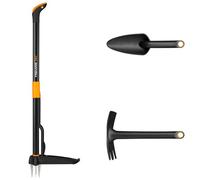 Fiskars Juego de Herramientas de Jardín, 3 Piezas, Desbrozadora Xact, Acero Inoxidable/Plástico, Azada y Plantadora Solid, Plástico Reforzado con Fibra de Vidrio, Negro/Naranja, 1077307