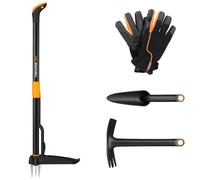 Fiskars Juego de Herramientas de Jardín, 4 Piezas, Desbrozadora Xact, Acero Inoxidable/Plástico, Azada y Transplantador Solid, FibreComp, Guantes de Jardinería, Talla: 10, Negro/Naranja, 1077308