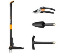 Fiskars Juego de Herramientas de Jardín, 4 Piezas, Desbrozadora Xact, Longitud: 1 m, Azada Solid, Longitud: 28 cm, Plantadora Solid, Longitud: 28 cm, Tijeras de Podar Bypass Solid P121, 1077309