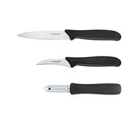Fiskars Juego de peladores, 3 piezas, cuchillo pelador (hoja de 11 cm), cuchillo para verduras (hoja de 7 cm), pelador (hoja de 7 cm), Essential, acero inoxidable/plástico PP, negro, 1065600