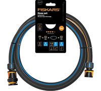 Fiskars Kit manguera 1.8M Q4 13mm + conectores | Tamaño universal, rigidez de torsión Paso 4 (de 5), 1,8 m, Ø 1,3-1,5 cm (1/2-5/8 pulgadas), negro/naranja/azul, 1057621
