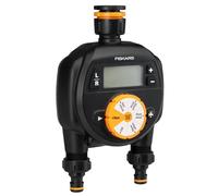 Fiskars Programador/Timer con 2 salidas, Para todos los tamaños de grifo habituales, Pantalla LCD de fácil lectura, Tamaño universal, 580 g, Negro/Naranja, 1054792