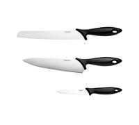 Fiskars Set de inicio, Juego de 3 cuchillos, Cuchillo de chef, Cuchillo para pan, Cuchillo de pelar (Longitud de hoja: 20 cm, 23 cm, 11 cm), Essential, Acero inoxidable/Plástico PP, Negro, 1065583