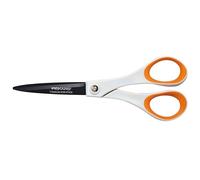 Fiskars Tijeras antiadhesivas Universales, Longitud: 18 cm, para diestros y zurdos, Revestimiento de titanio/Acero inoxidable/Plástico, Blanco/Naranja, 1004720