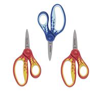 Fiskars Tijeras de punta puntiaguda SoftGrip de 5 pulgadas para niños de 4 a 7 años (paquete de 3), tijeras para la escuela o manualidades, suministros de regreso a clases, relámpago azul y rojo