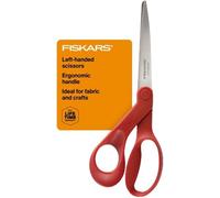 Fiskars Tijeras multiusos para zurdos, ergonómicamente contorneadas, acero inoxidable de 8 pulgadas, tijeras de papel y tela para oficina, artes, manualidades y rellenos de calcetines, color rojo