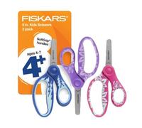 Fiskars Tijeras SoftGrip de punta roma de 5 pulgadas para niños de 4 a 7 años (paquete de 3), tijeras para la escuela o manualidades, suministros de regreso a la escuela, diseños azul, morado y rosa