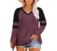 Fisoew Camiseta de manga larga para mujer de talla grande, oversize, rayada, color block, camiseta de manga larga, plus size, con cuello en V, túnica, parte superior., borgoña, XXL Grande