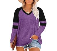 Fisoew Camiseta de manga larga para mujer de talla grande, oversize, rayada, color block, camiseta de manga larga, plus size, con cuello en V, túnica, parte superior., morado, XL Grande