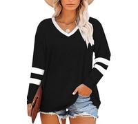 Fisoew Camiseta de manga larga para mujer de talla grande, oversize, rayada, color block, camiseta de manga larga, plus size, con cuello en V, túnica, parte superior., Negro , XXL Grande