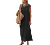 Fisoew Vestido largo de verano para mujer, sin mangas, con tirantes, de punto con cuello redondo y tejido acanalado, estilo playero, Negro , S