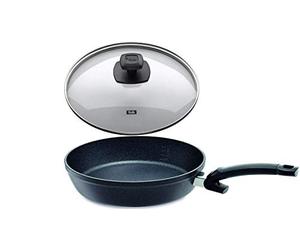 Fissler Adamant Comfort Sartén de aluminio con tapa Ø 28 cm Recubrimiento antiadherente y resistente a los arañazos Para todo tipo de fuegos Inducción + Juego de 4 pajitas de acero inoxidable EKM