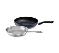 Fissler Juego de 2 sartenes, sartén de acero inoxidable sin revestimiento Catania de 24 cm de diámetro y sartén de aluminio revestido Cenit de 28 cm de diámetro, aptas para inducción