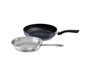 Fissler Juego de 2 sartenes, sartén de acero inoxidable sin revestimiento Catania de 24 cm de diámetro y sartén de aluminio revestido Cenit de 28 cm de diámetro, aptas para inducción