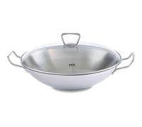Fissler Kunming Wok de acero inoxidable, 36 cm de diámetro, sin revestimiento, con complemento de rejilla y tapa de cristal, sartén wok grande, sartén asiática, para todo tipo de placas, también inducción