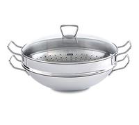 Fissler Nanjing Wok de acero inoxidable, 36 cm de diámetro, sin revestimiento, con vaporera y tapa de cristal, sartén wok grande, sartén asiática, para todo tipo de placas, también inducción